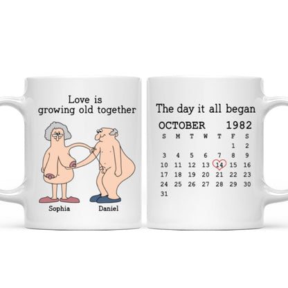 Love Is Growing Old Together Anniversary Calendar Keepsake Personalized Mug