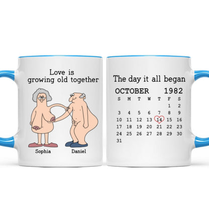 Love Is Growing Old Together Anniversary Calendar Keepsake Personalized Mug