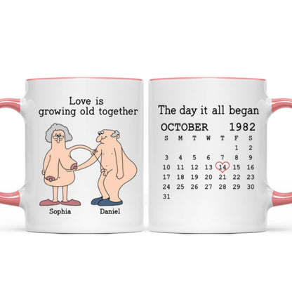 Love Is Growing Old Together Anniversary Calendar Keepsake Personalized Mug