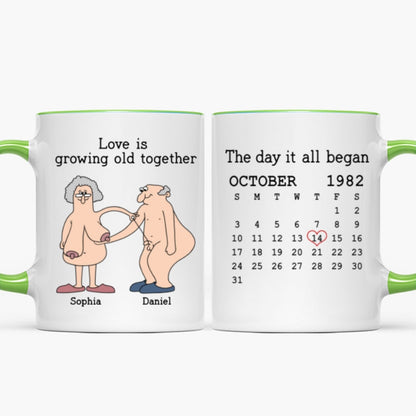Love Is Growing Old Together Anniversary Calendar Keepsake Personalized Mug