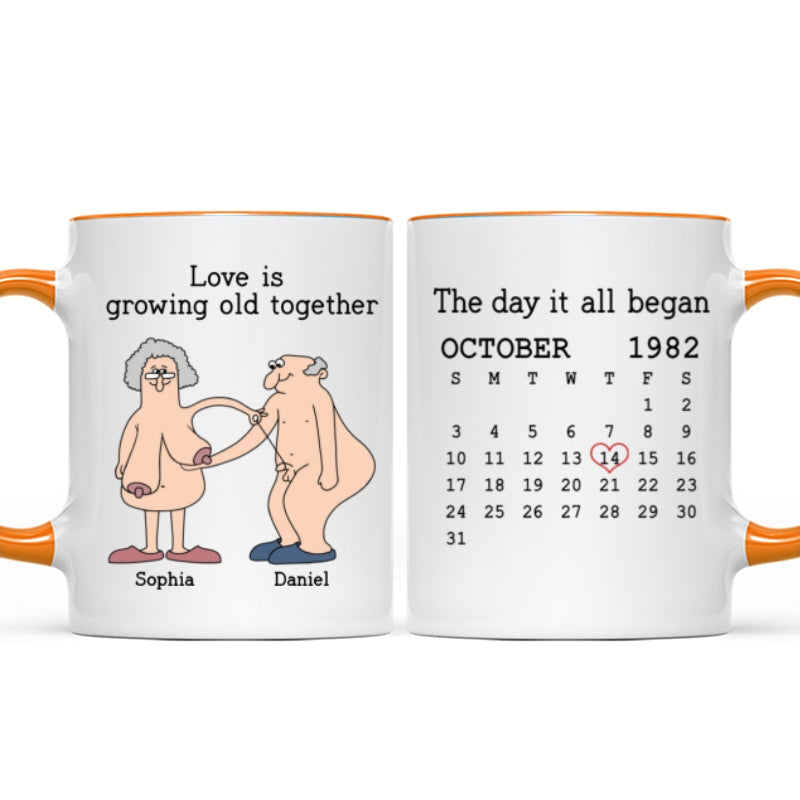 Love Is Growing Old Together Anniversary Calendar Keepsake Personalized Mug