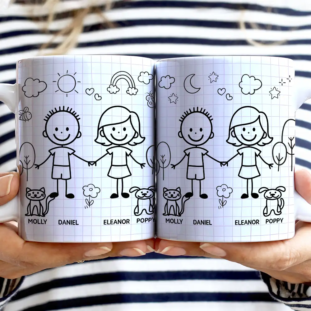 Doodle Stick Figure Couple With Dog Cat - Personalized White Edge-to-Edge Mug