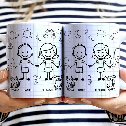 Doodle Stick Figure Couple With Dog Cat - Personalized White Edge-to-Edge Mug