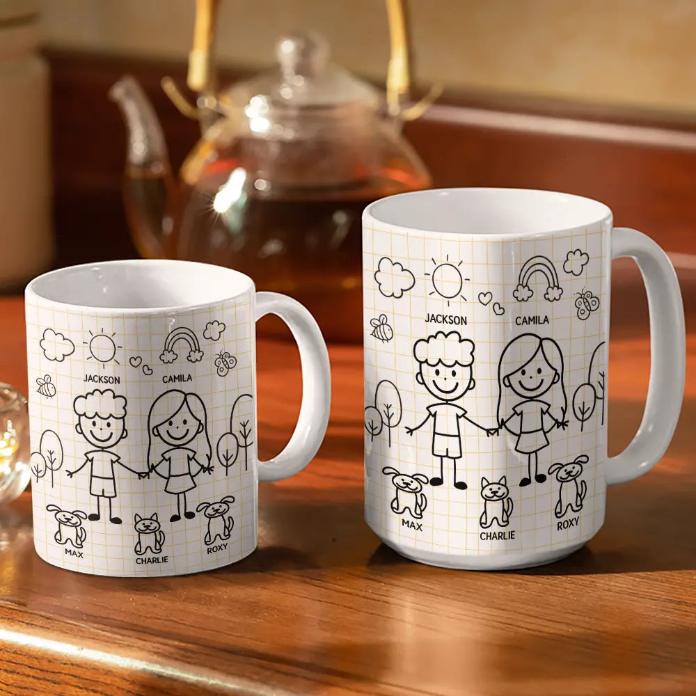 Doodle Stick Figure Couple With Dog Cat - Personalized White Edge-to-Edge Mug