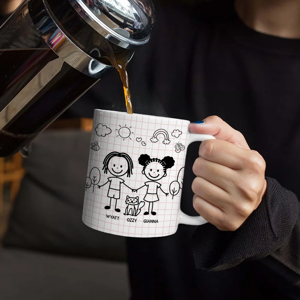 Doodle Stick Figure Couple With Dog Cat - Personalized White Edge-to-Edge Mug