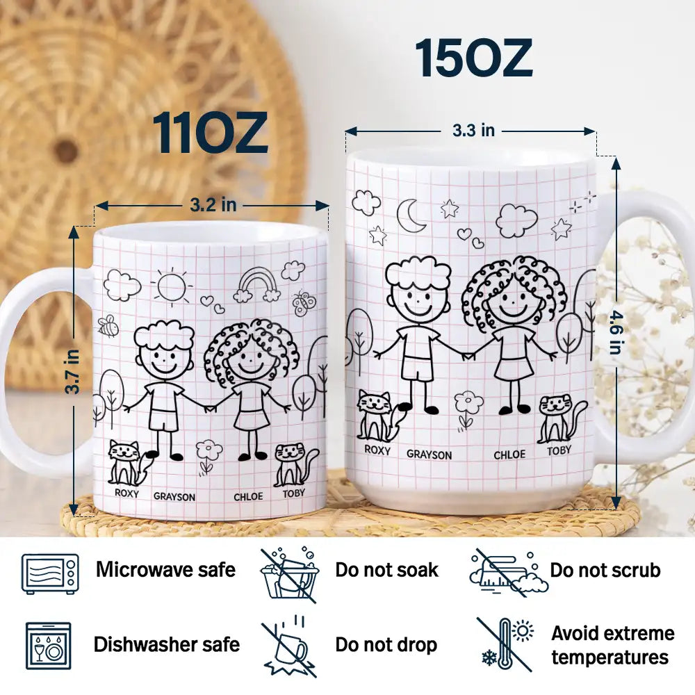 Doodle Stick Figure Couple With Dog Cat - Personalized White Edge-to-Edge Mug