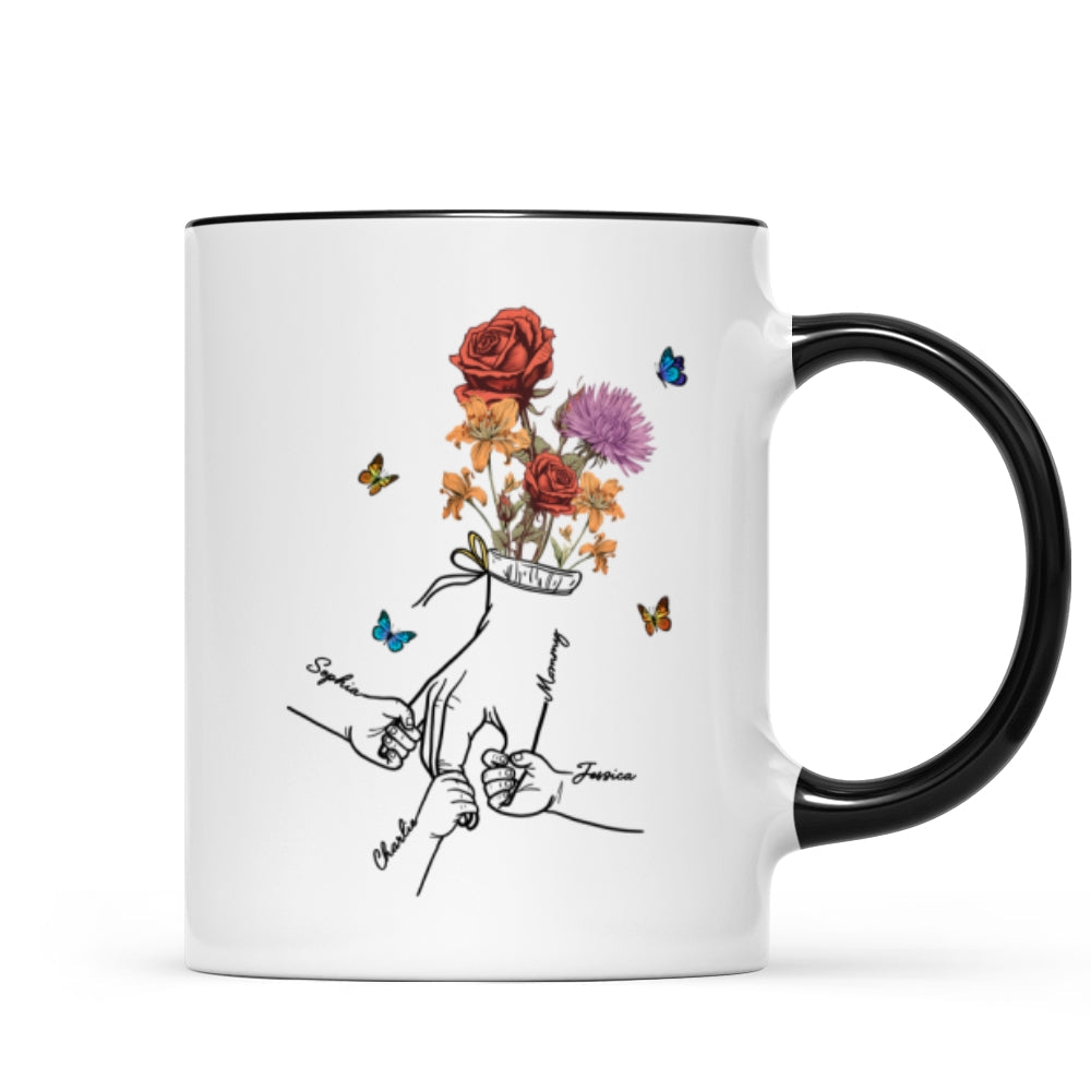 Holding Mom Grandma Hand Birth Month Flowers Personalized Mug