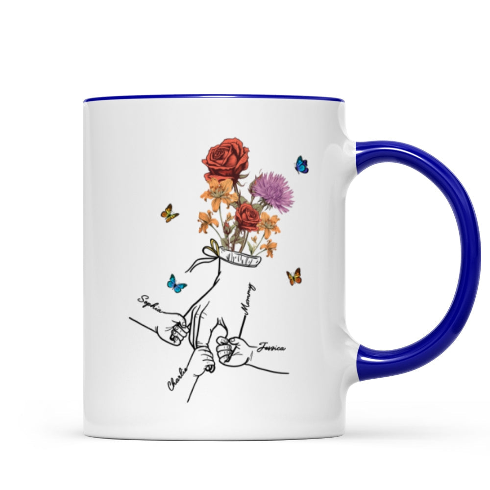 Holding Mom Grandma Hand Birth Month Flowers Personalized Mug