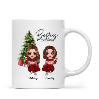 Christmas Doll Besties Sitting By Christmas Tree Personalized Mug