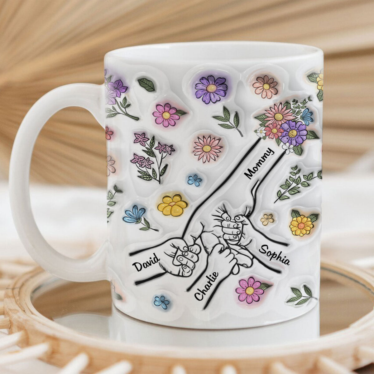 3D Inflated Effect Mother Children Hands Personalized Mug, Heartfelt Gift for Mom