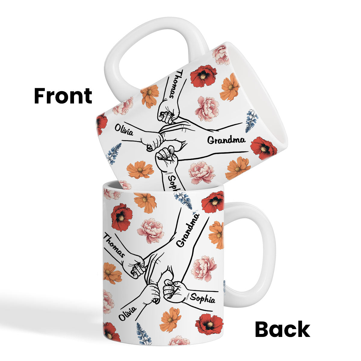 Grandma Mom & Kids Holding Hands Birth Month Flowers Personalized Mug
