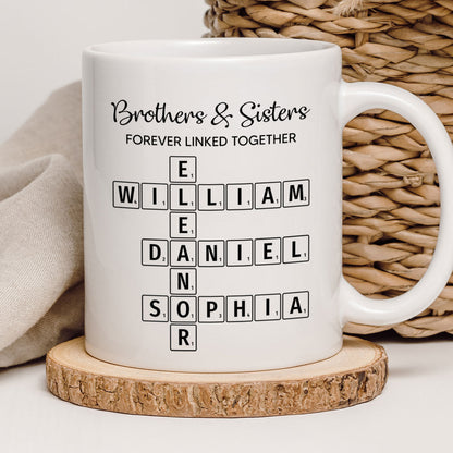 Brothers & Sisters Forever Linked Together Crossword Puzzle Art Personalized Mug, Gift For Brothers, Sisters, Siblings, Family
