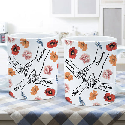 Grandma Mom & Kids Holding Hands Birth Month Flowers Personalized Mug