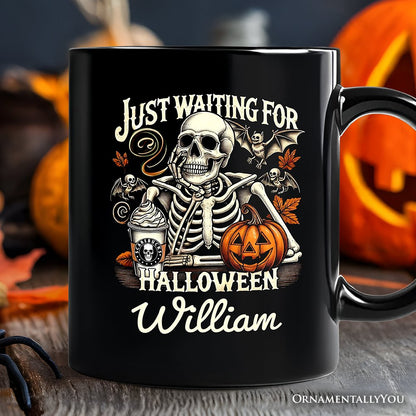 Just Waiting for Halloween Personalized Mug, Spooky Skeleton Gift with Custom Name