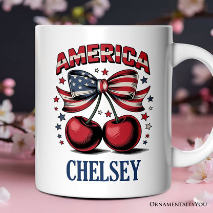 America Coquette Cherries Personalized Mug, Patriotic 4th of July Gift with Custom Name