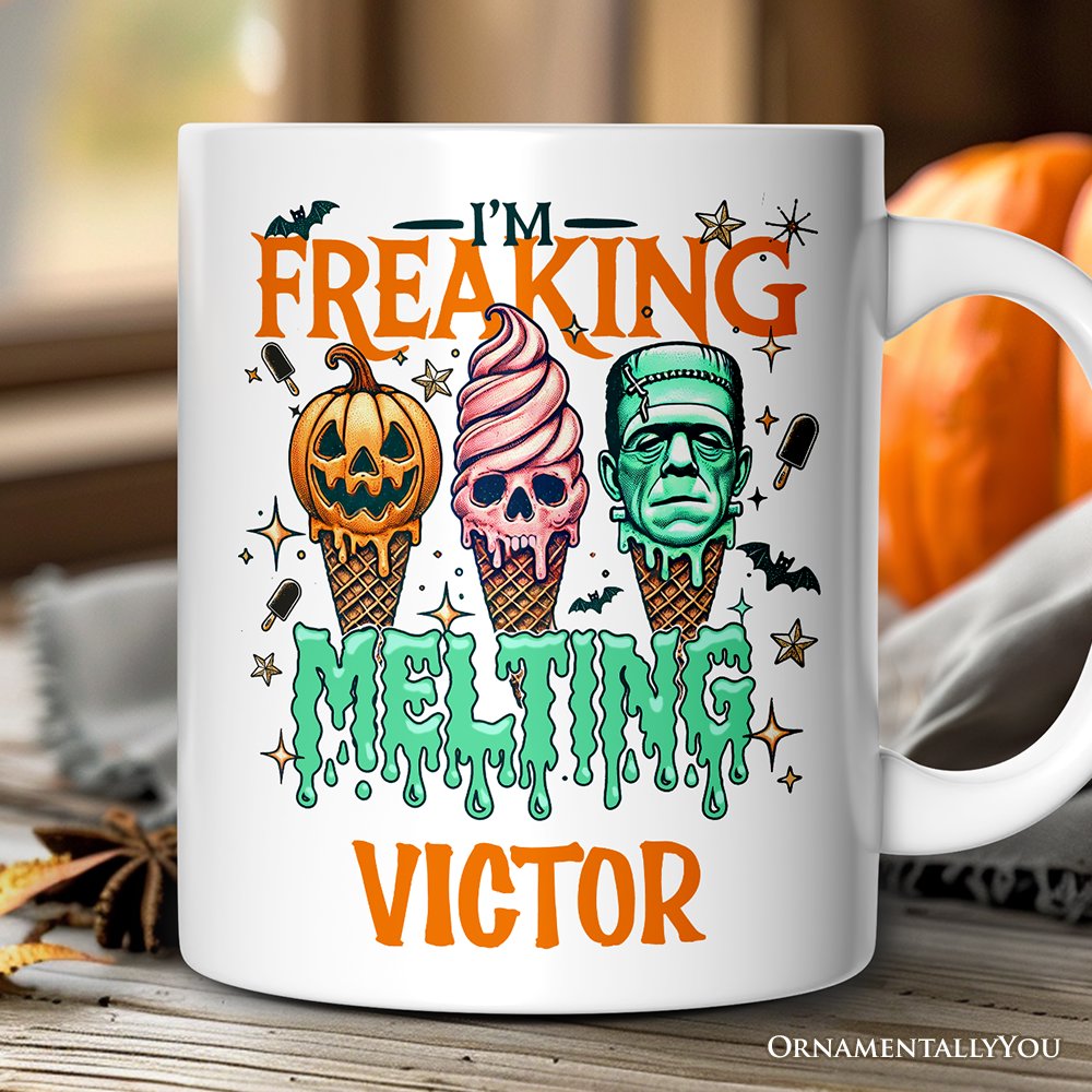 I'm Freaking Melting Frankenstein Personalized Mug, Funny Ice Cream Halloween Gift with Custom Name for Summer Spooky Season