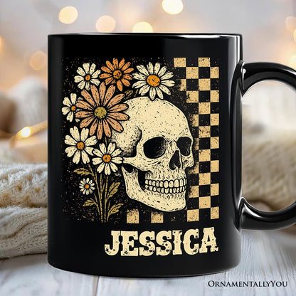 Checkered Floral Skeleton Personalized Mug, Vintage Skull Daisy Halloween Gift with Custom Name