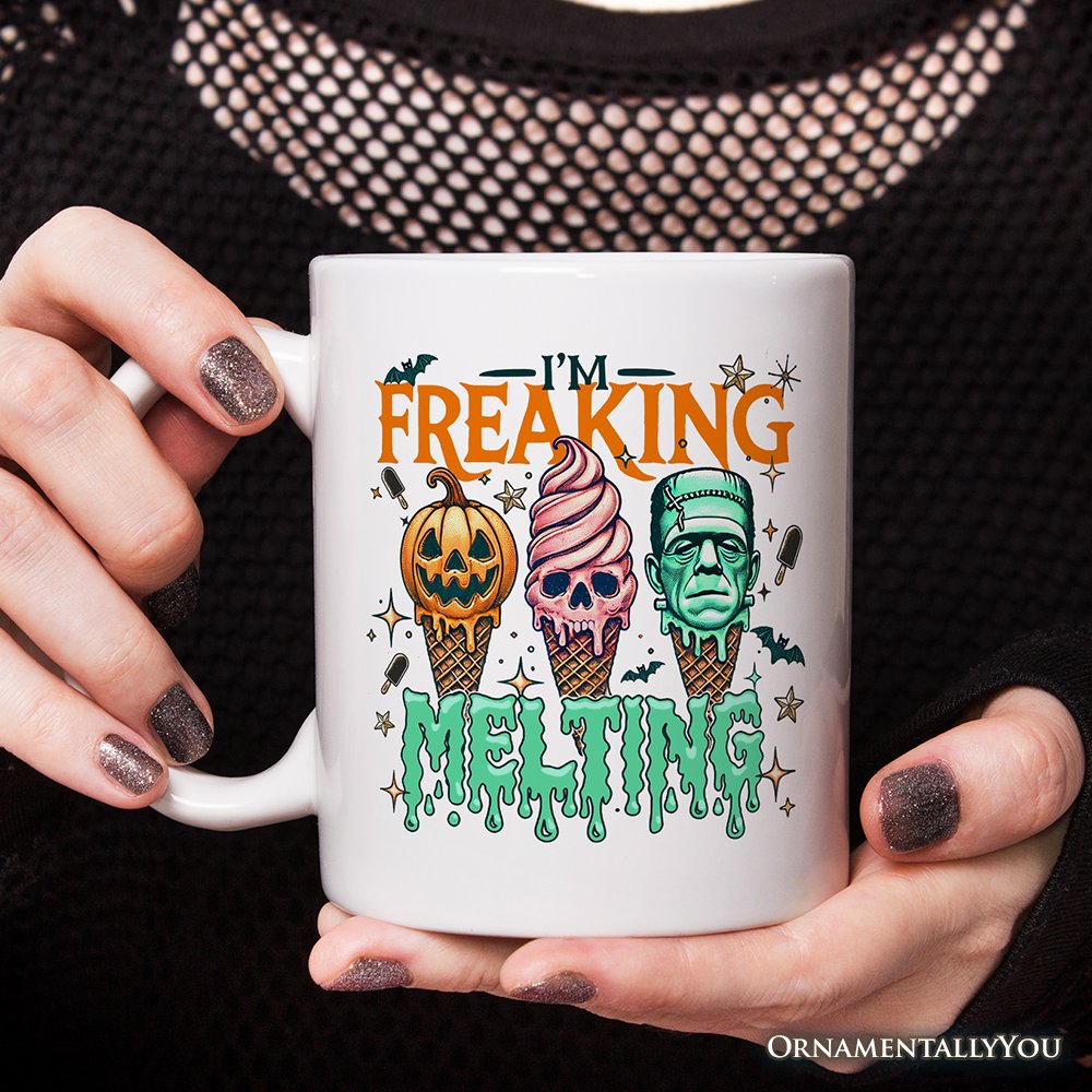 I'm Freaking Melting Frankenstein Personalized Mug, Funny Ice Cream Halloween Gift with Custom Name for Summer Spooky Season