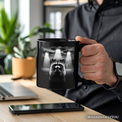Funny Raccoon UFO Personalized Mug, Unisex Black Gift with Custom Name