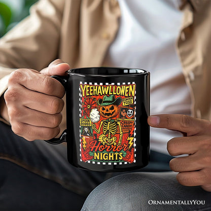 Yee Haw Halloween Retro Pumpkin Skeleton Personalized Mug, Spooky Country Western Gift with Custom Name