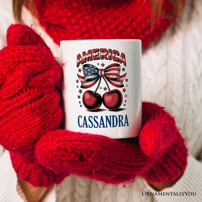 America Coquette Cherries Personalized Mug, Patriotic 4th of July Gift with Custom Name