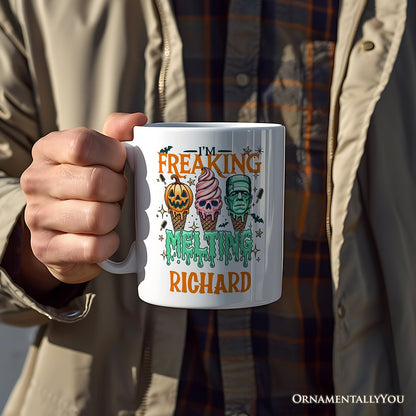 I'm Freaking Melting Frankenstein Personalized Mug, Funny Ice Cream Halloween Gift with Custom Name for Summer Spooky Season