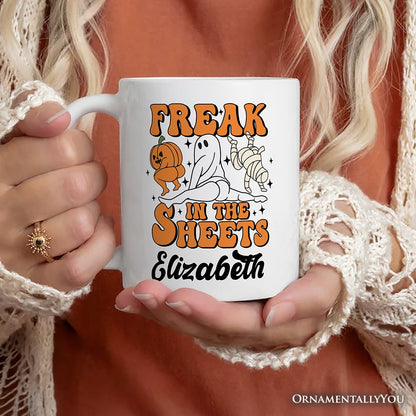 Freak in the Sheets Ghost Personalized Mug, Naughty Halloween Gift with Custom Name
