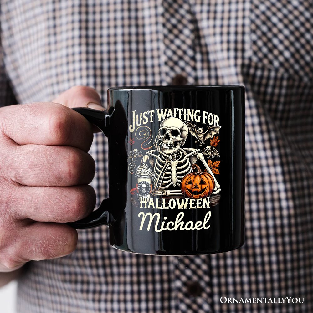 Just Waiting for Halloween Personalized Mug, Spooky Skeleton Gift with Custom Name