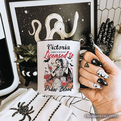 Licensed to Draw Blood Halloween Nurse Personalized Mug, Groovy Gift with Custom Name for Spooky Season