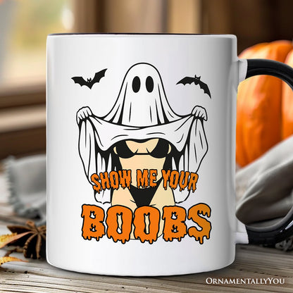 Show Me Your Boobs Halloween Personalized Mug, Funny Naughty Pun Ghost Gift with Custom Name
