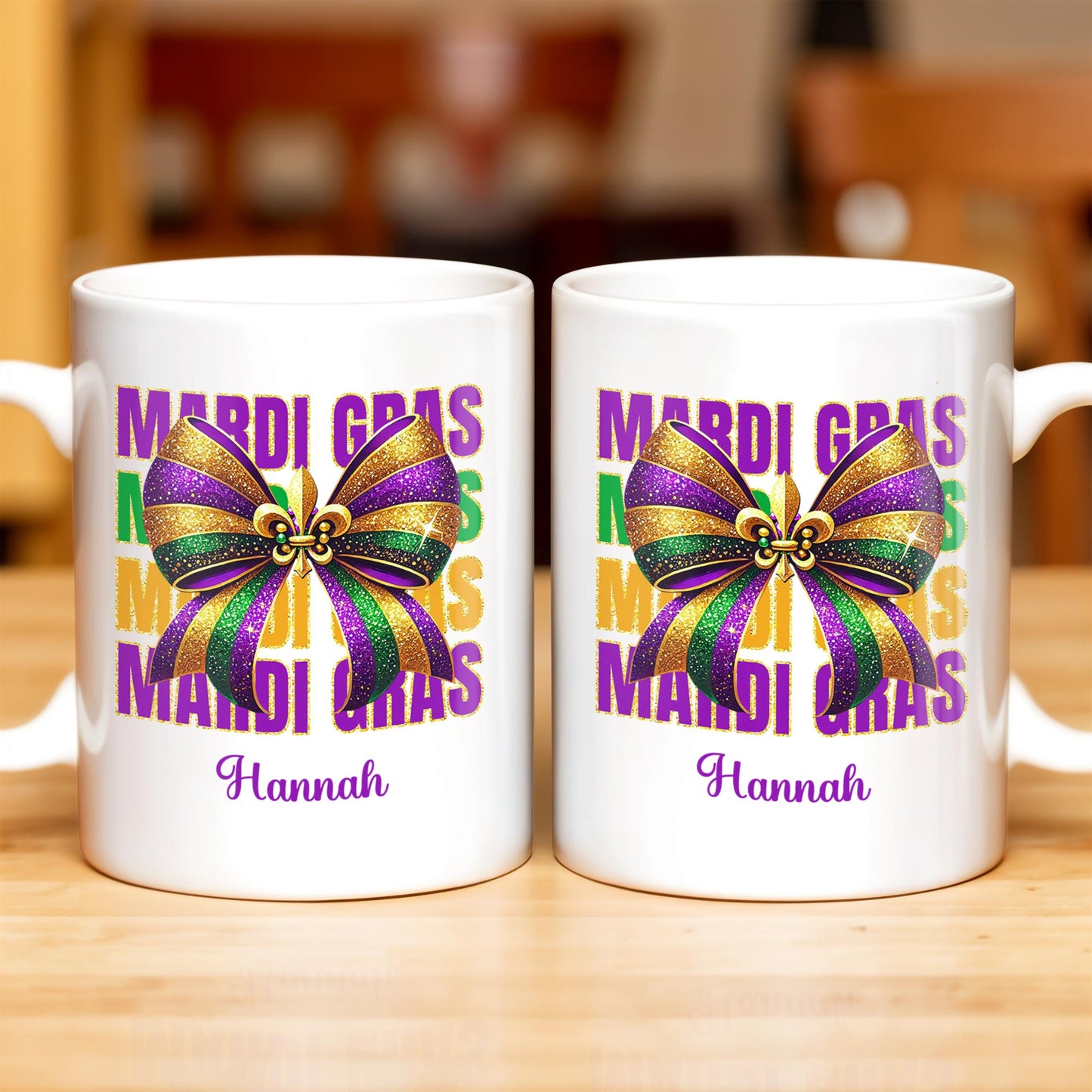 Celebrate Mardi Gras With Festive Bow Design - Personalized Custom Coffee Mug - FAM266_MG