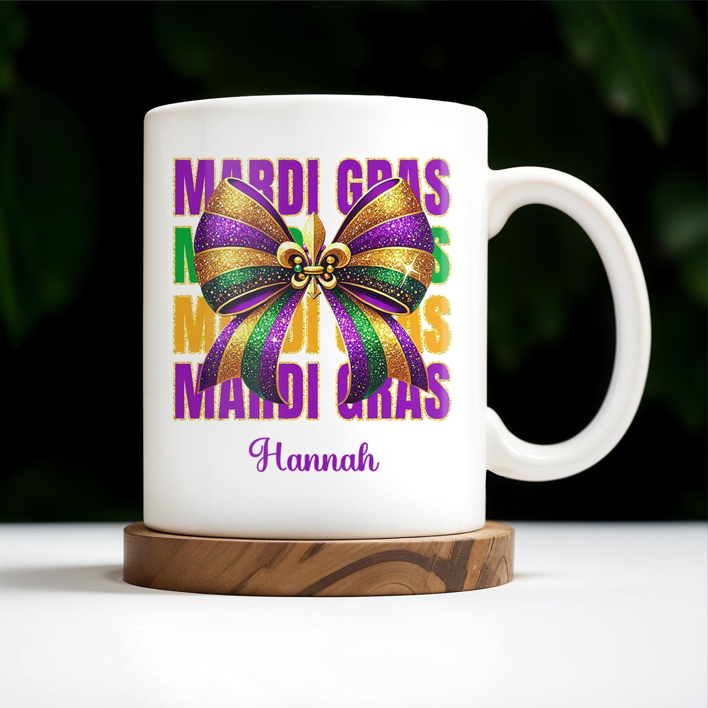 Celebrate Mardi Gras With Festive Bow Design - Personalized Custom Coffee Mug - FAM266_MG