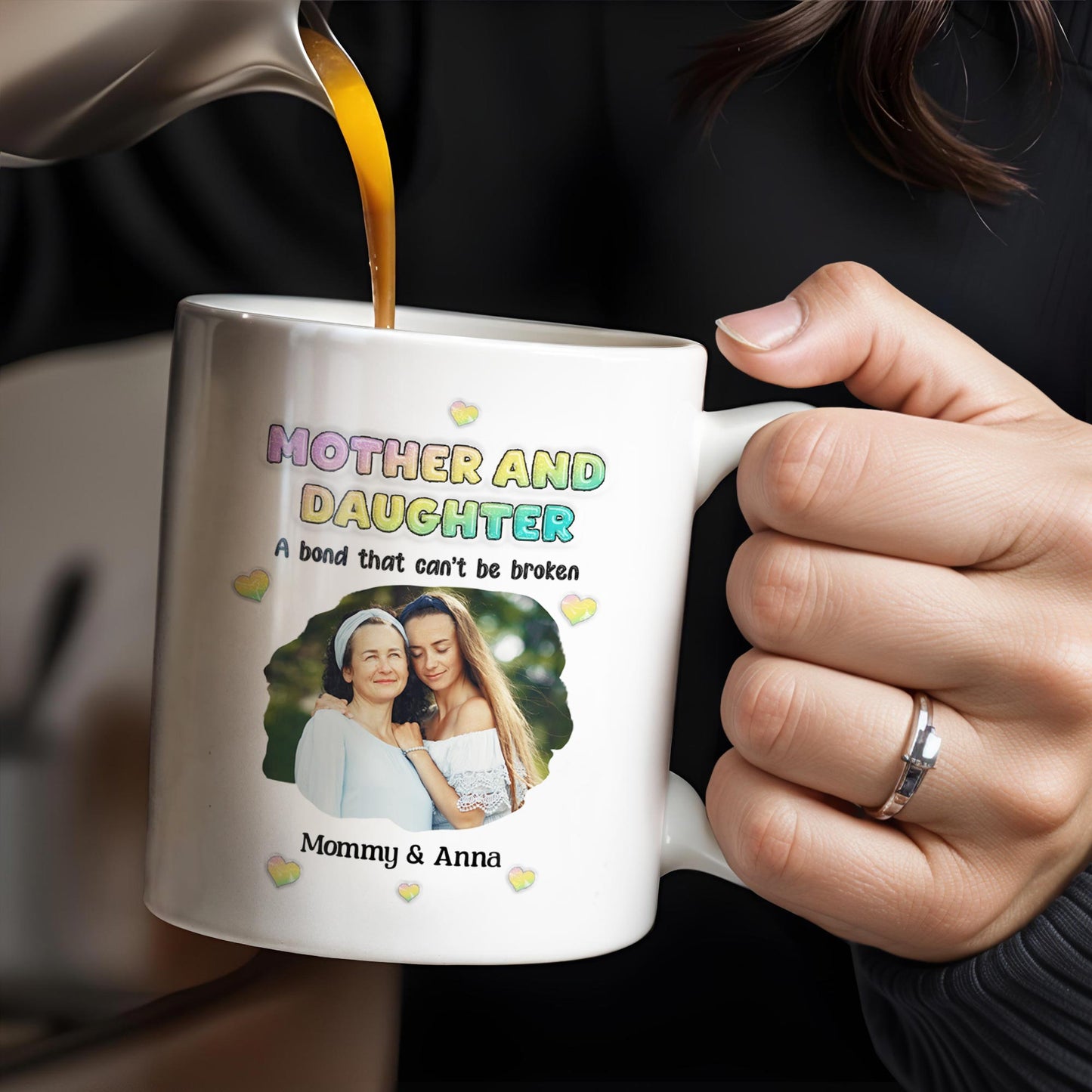 Mother And Daughter, A Bond That Can't Be Broken, Hearts and Photo - Personalized Custom Coffee Mug - FAM315_MG