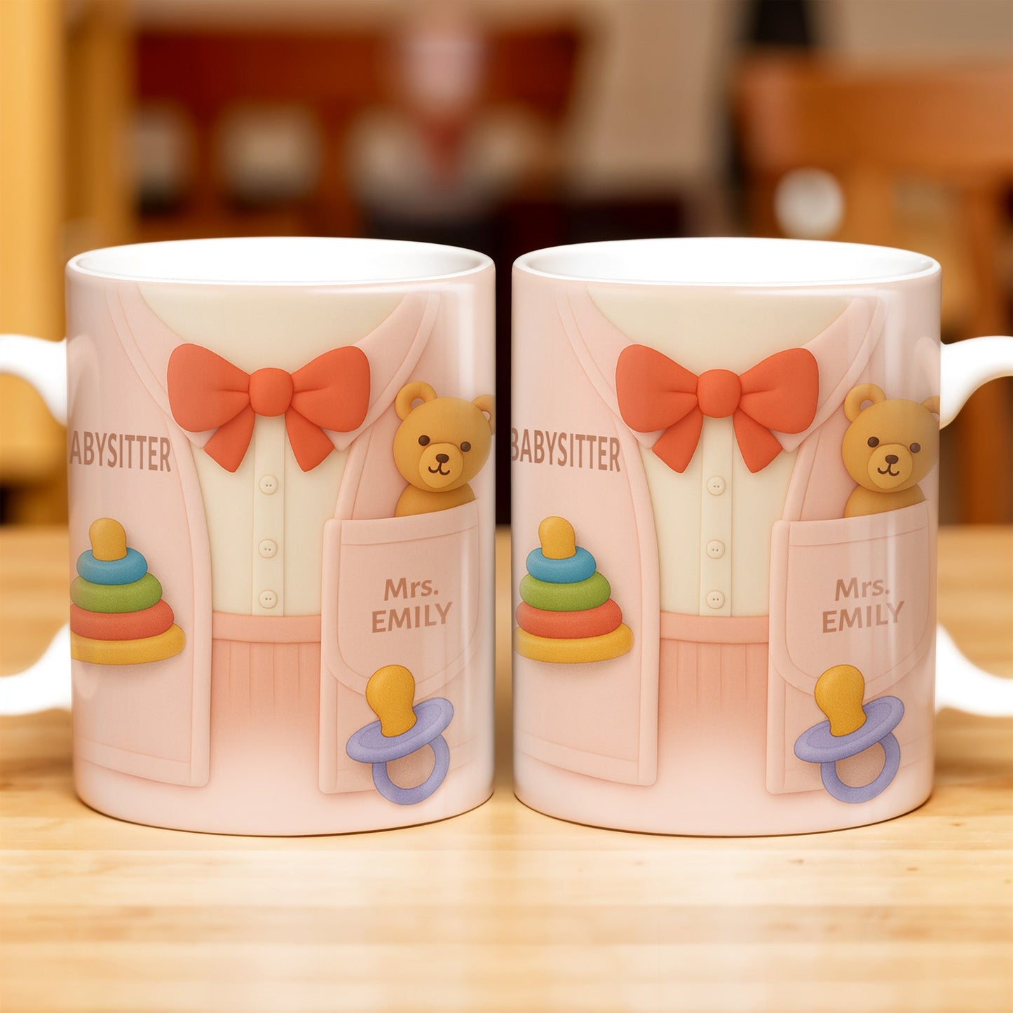 Personalize This Lovely Babysitter Coffee Mug With Your Name, Teddy Bear, Pacifier, Baby Rings, And Bow Tie - Personalized Custom Coffee Mug - FAM323_MG
