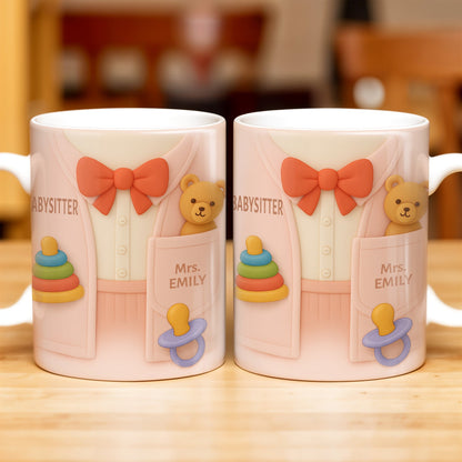Personalize This Lovely Babysitter Coffee Mug With Your Name, Teddy Bear, Pacifier, Baby Rings, And Bow Tie - Personalized Custom Coffee Mug - FAM323_MG
