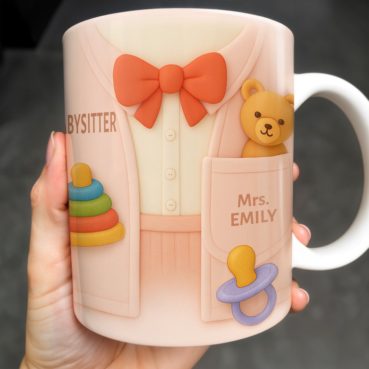 Personalize This Lovely Babysitter Coffee Mug With Your Name, Teddy Bear, Pacifier, Baby Rings, And Bow Tie - Personalized Custom Coffee Mug - FAM323_MG