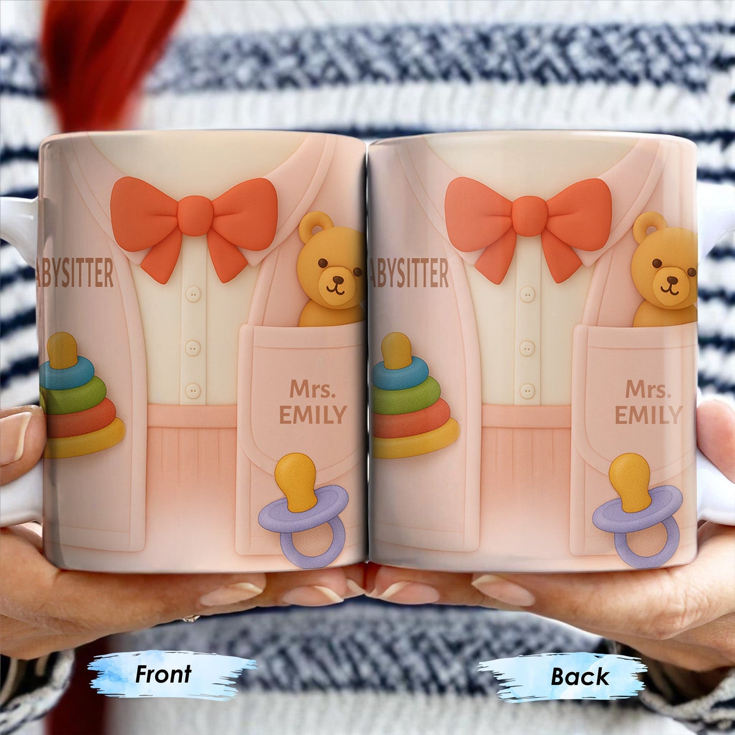 Personalize This Lovely Babysitter Coffee Mug With Your Name, Teddy Bear, Pacifier, Baby Rings, And Bow Tie - Personalized Custom Coffee Mug - FAM323_MG