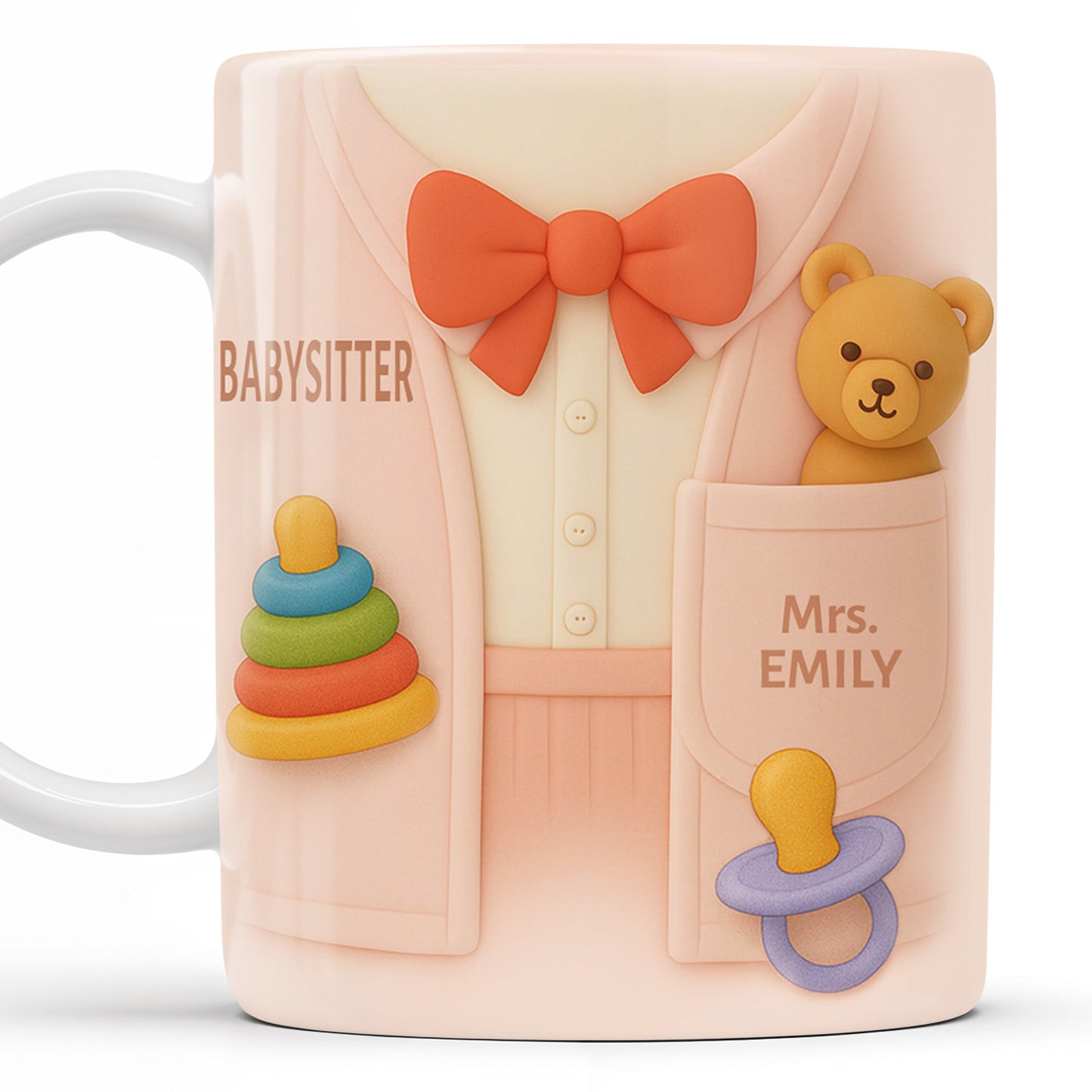 Personalize This Lovely Babysitter Coffee Mug With Your Name, Teddy Bear, Pacifier, Baby Rings, And Bow Tie - Personalized Custom Coffee Mug - FAM323_MG