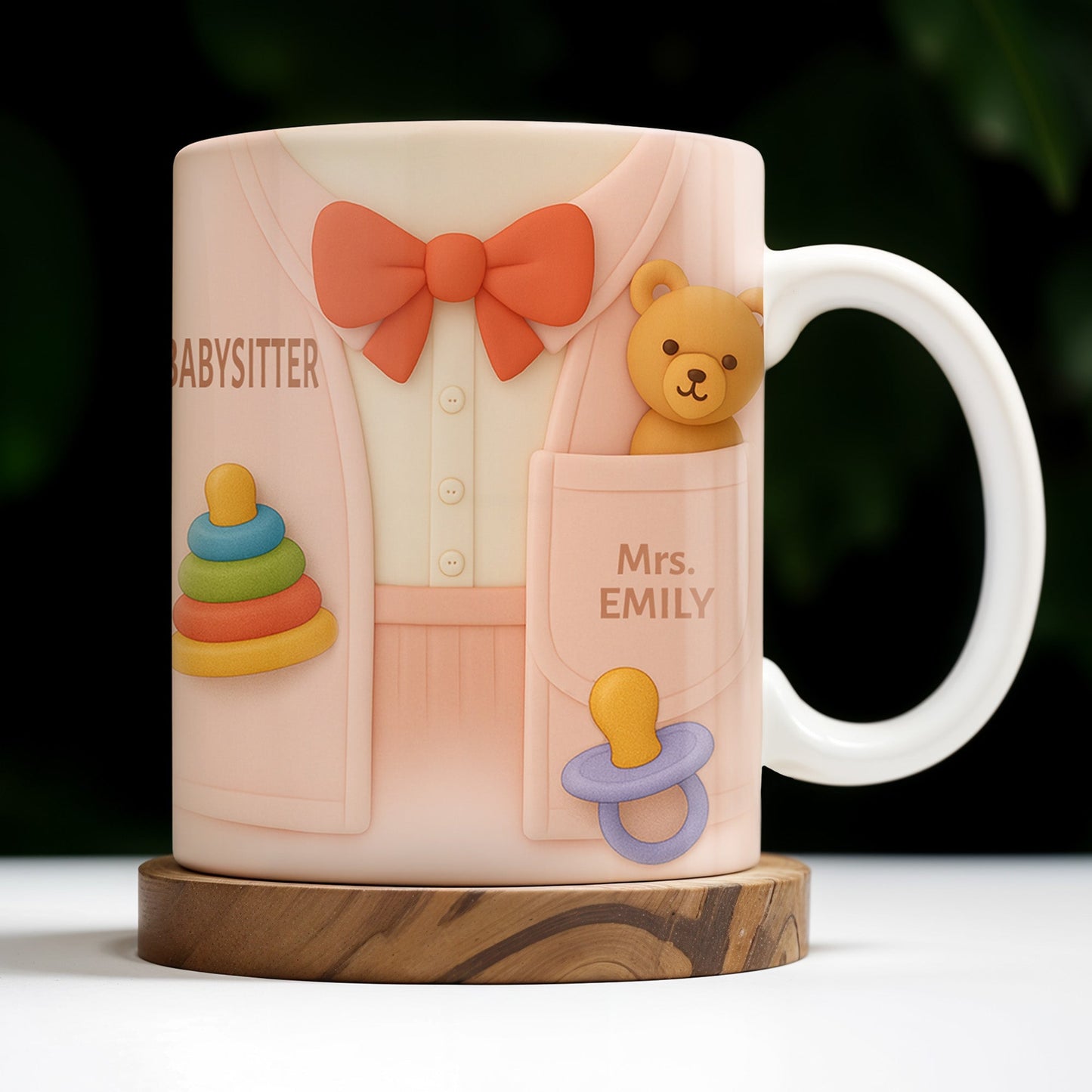 Personalize This Lovely Babysitter Coffee Mug With Your Name, Teddy Bear, Pacifier, Baby Rings, And Bow Tie - Personalized Custom Coffee Mug - FAM323_MG
