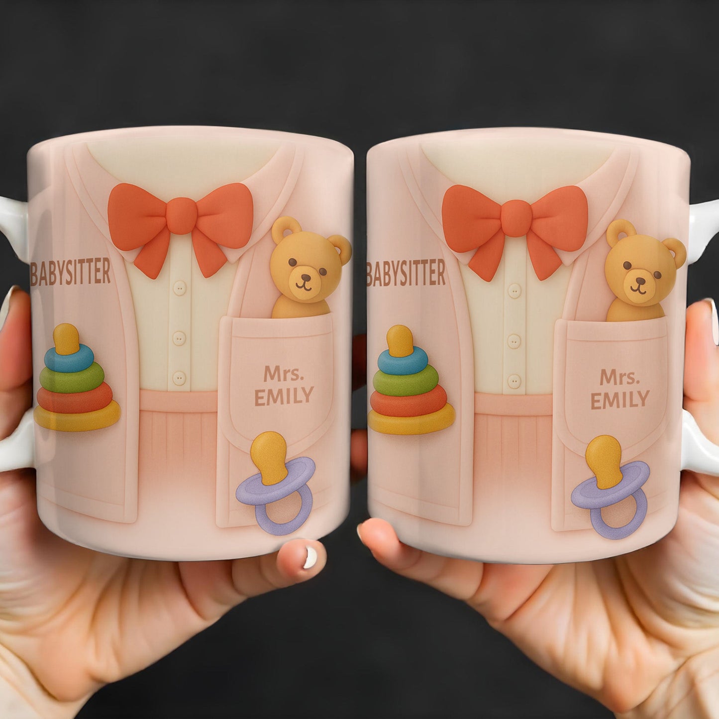 Personalize This Lovely Babysitter Coffee Mug With Your Name, Teddy Bear, Pacifier, Baby Rings, And Bow Tie - Personalized Custom Coffee Mug - FAM323_MG