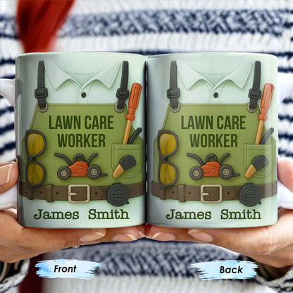 Lawn Care Worker Mug With Lawn Mower, Tools, and Sunglasses - Personalized Custom Coffee Mug - FAM324_MG