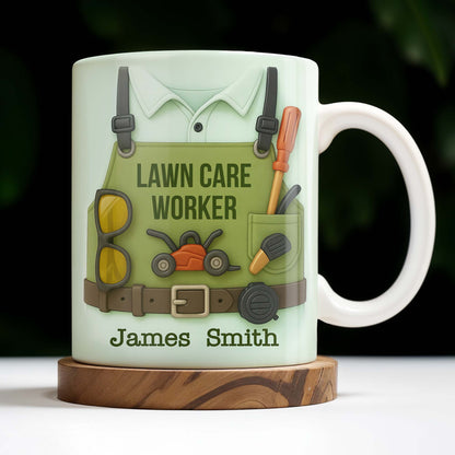 Lawn Care Worker Mug With Lawn Mower, Tools, and Sunglasses - Personalized Custom Coffee Mug - FAM324_MG