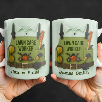 Lawn Care Worker Mug With Lawn Mower, Tools, and Sunglasses - Personalized Custom Coffee Mug - FAM324_MG