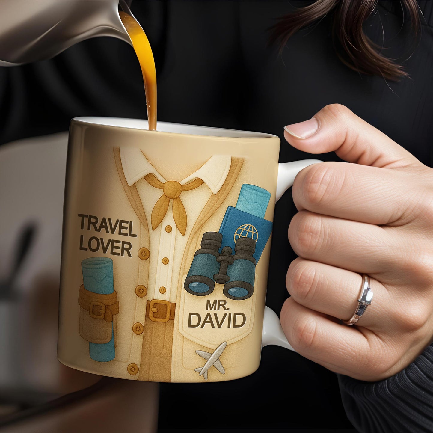 Travel Lover, Shirt, Tie, Binoculars, Map, Airplane - Personalized Custom Coffee Mug - FAM325_MG