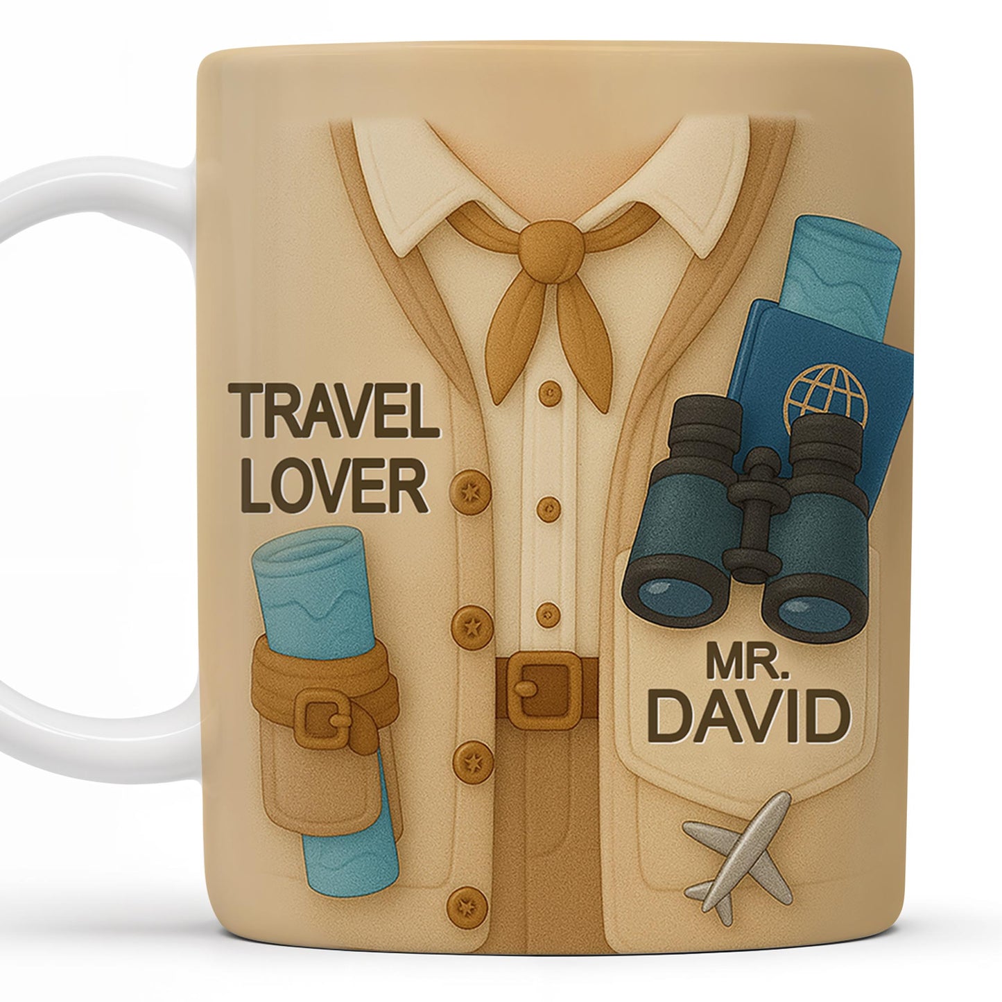 Travel Lover, Shirt, Tie, Binoculars, Map, Airplane - Personalized Custom Coffee Mug - FAM325_MG