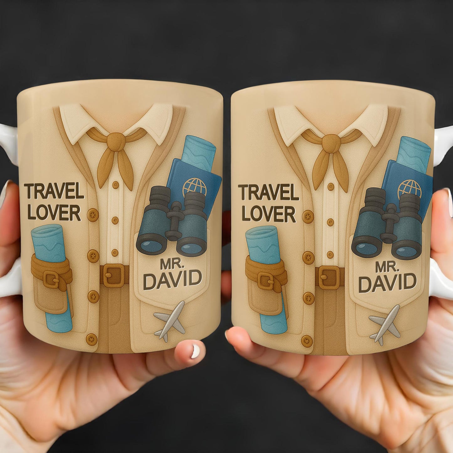 Travel Lover, Shirt, Tie, Binoculars, Map, Airplane - Personalized Custom Coffee Mug - FAM325_MG