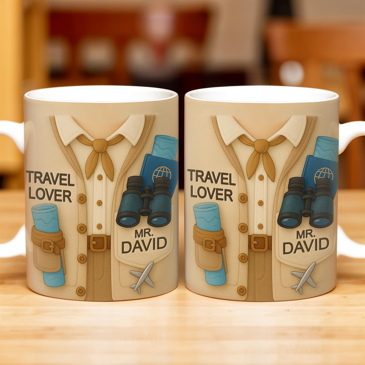 Travel Lover, Shirt, Tie, Binoculars, Map, Airplane - Personalized Custom Coffee Mug - FAM325_MG