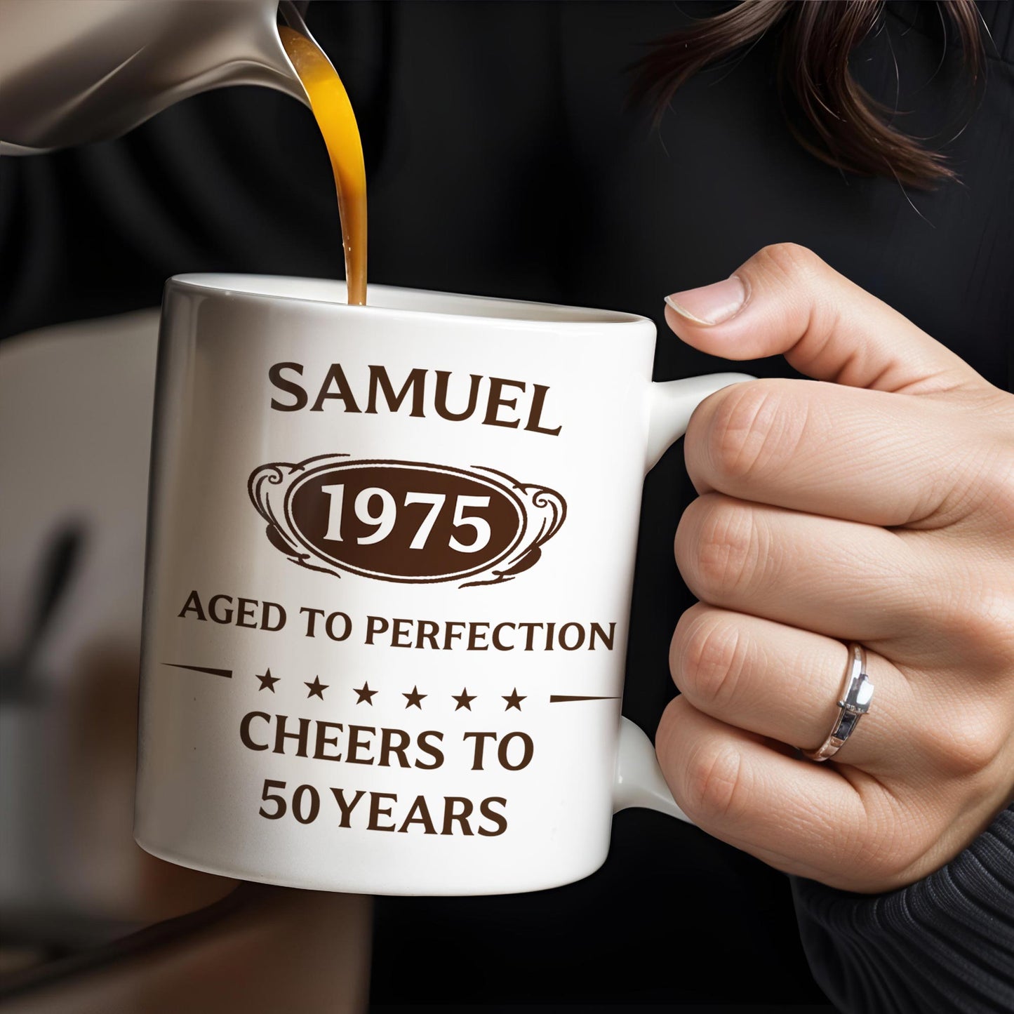 Aged To Perfection, Cheers To 50 Years, Stars and Text Banner - Personalized Custom Coffee Mug - FAM328_MG