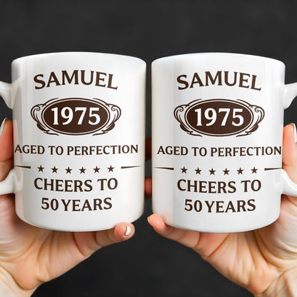 Aged To Perfection, Cheers To 50 Years, Stars and Text Banner - Personalized Custom Coffee Mug - FAM328_MG