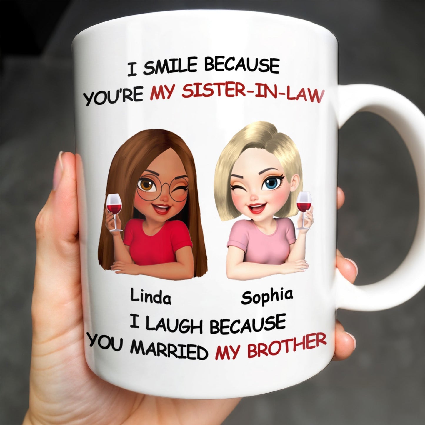 I Smile Because You're My Sister-In-Law, Two Women With Wine Glasses - Personalized Custom Coffee Mug - FAM771_MG